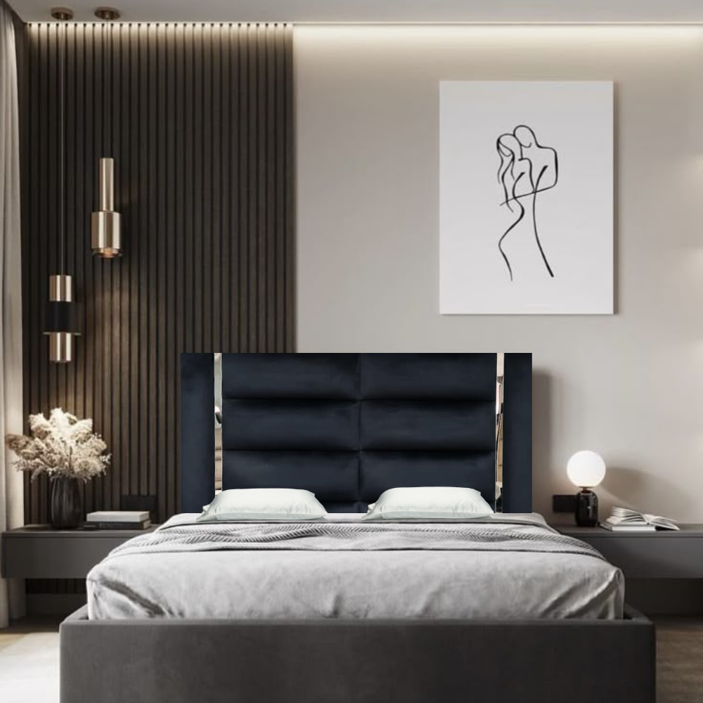 Modern Black Upholstered Headboard with Chrome Accents