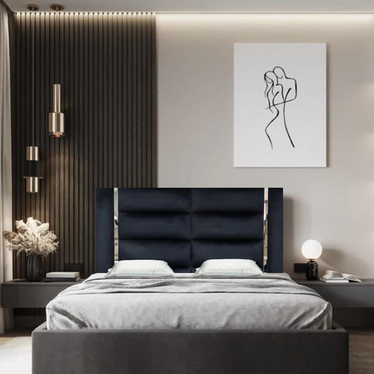 Modern Black Upholstered Headboard with Chrome Accents
