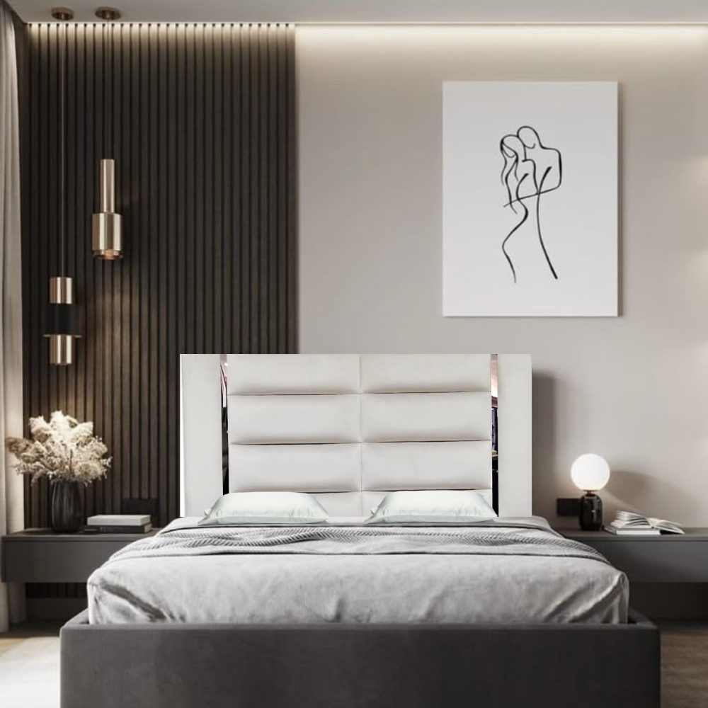 Modern Black Upholstered Headboard with Chrome Accents