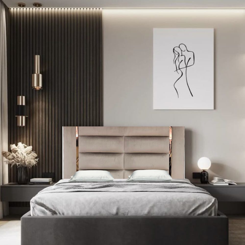 Modern Black Upholstered Headboard with Chrome Accents