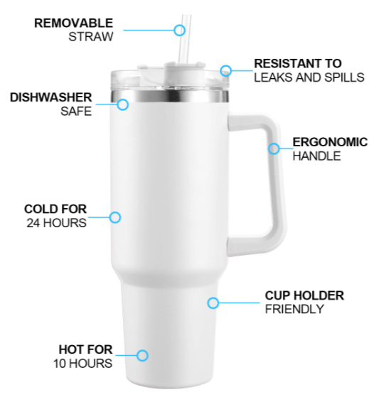 VANOW 1.2L Leakproof Tumbler with Straw Handle Stainless Steel Travel Mug